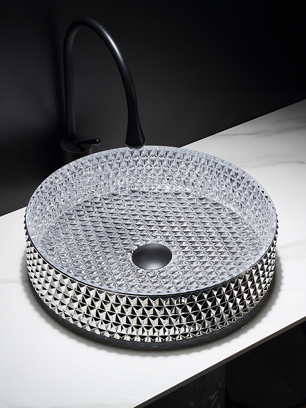 2022 ดีไซน์ใหม่ Electroplating Silver Crystal ห้องอาบน้ำ อ่างล้างหน้ากระจกอ่างล้างหน้า Counter Top Sink